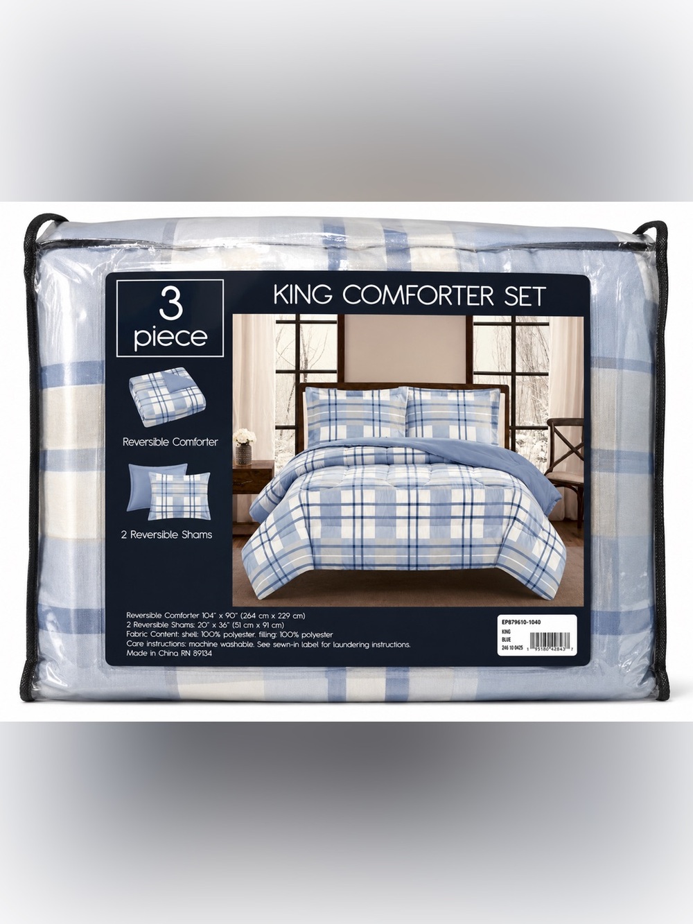 🆕 Blue Plaid Reversible King Comforter Set 3PC | Sealed Bedding Ensemble 🆕